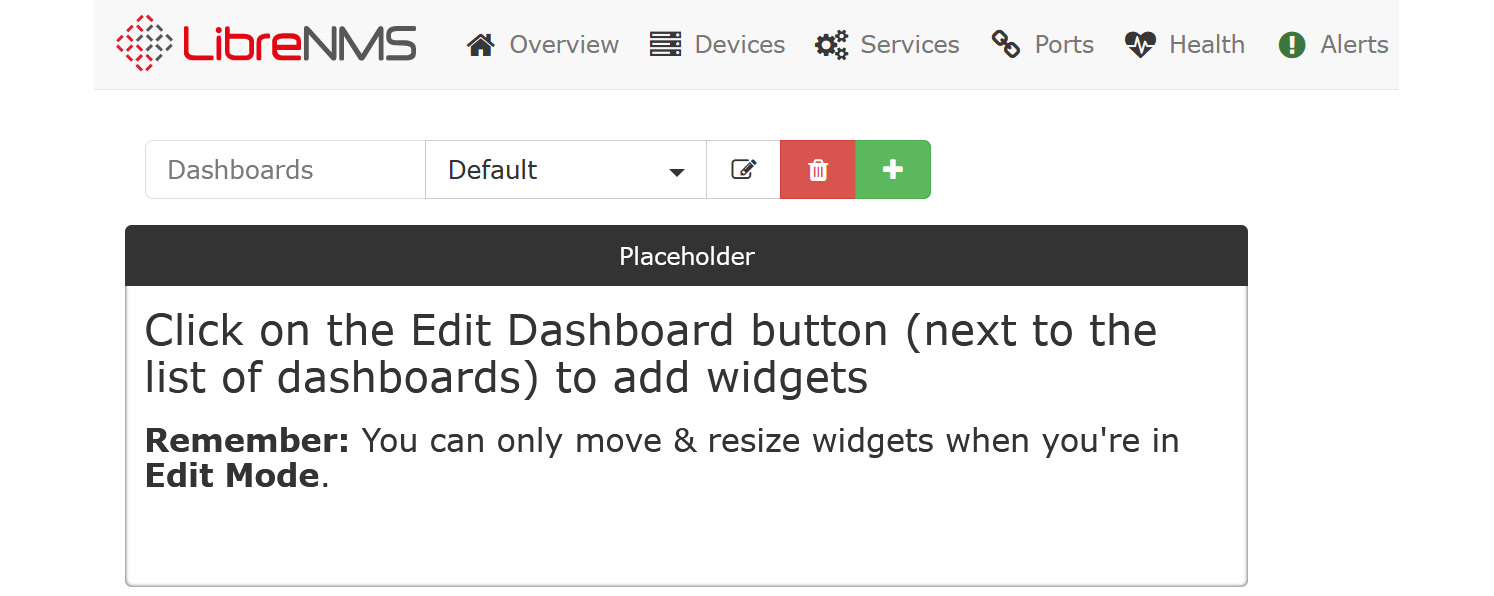 Figure 12.5 – LibreNMS Edit Dashboard startup screen