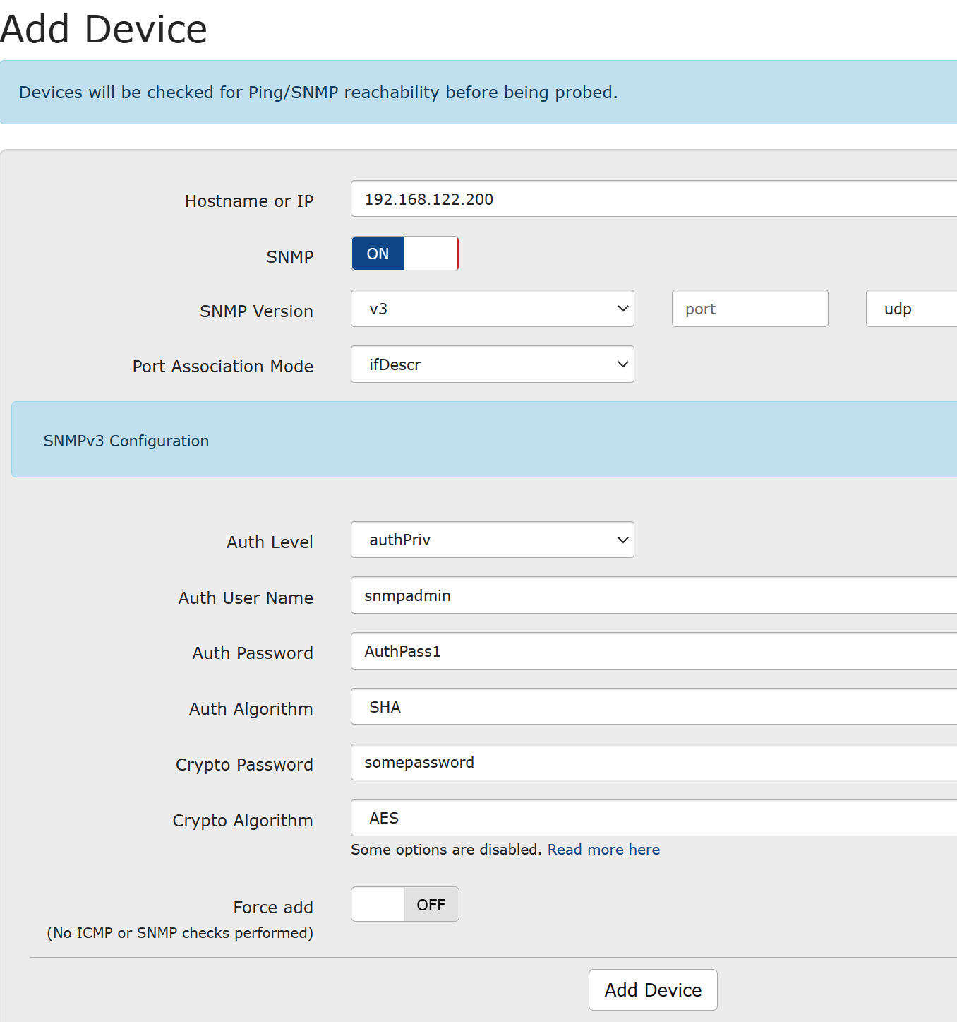 Figure 12.12 – Adding a device to the LibreNMS inventory using SNMPv3