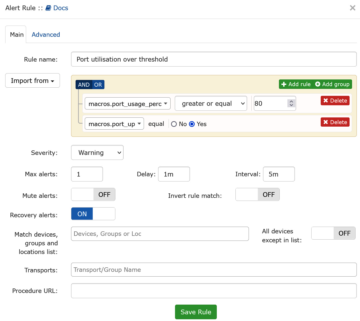 Figure 12.16 – Alert rule options in LibreNMS
