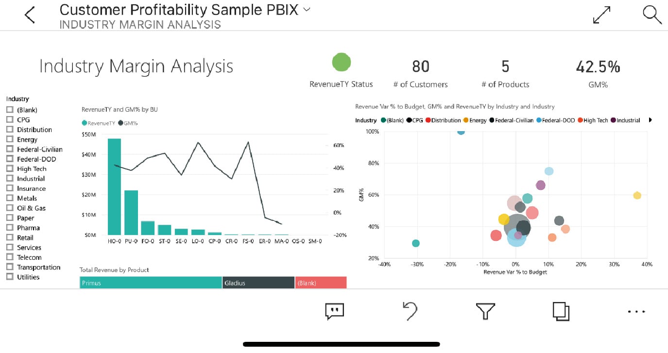 A Power BI dashboard for mobile with the graphical representation of an industry margin analysis