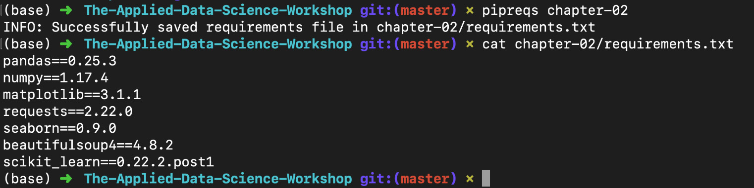 Figure 1.38: Using pipreqs to generate a requirements.txt file
