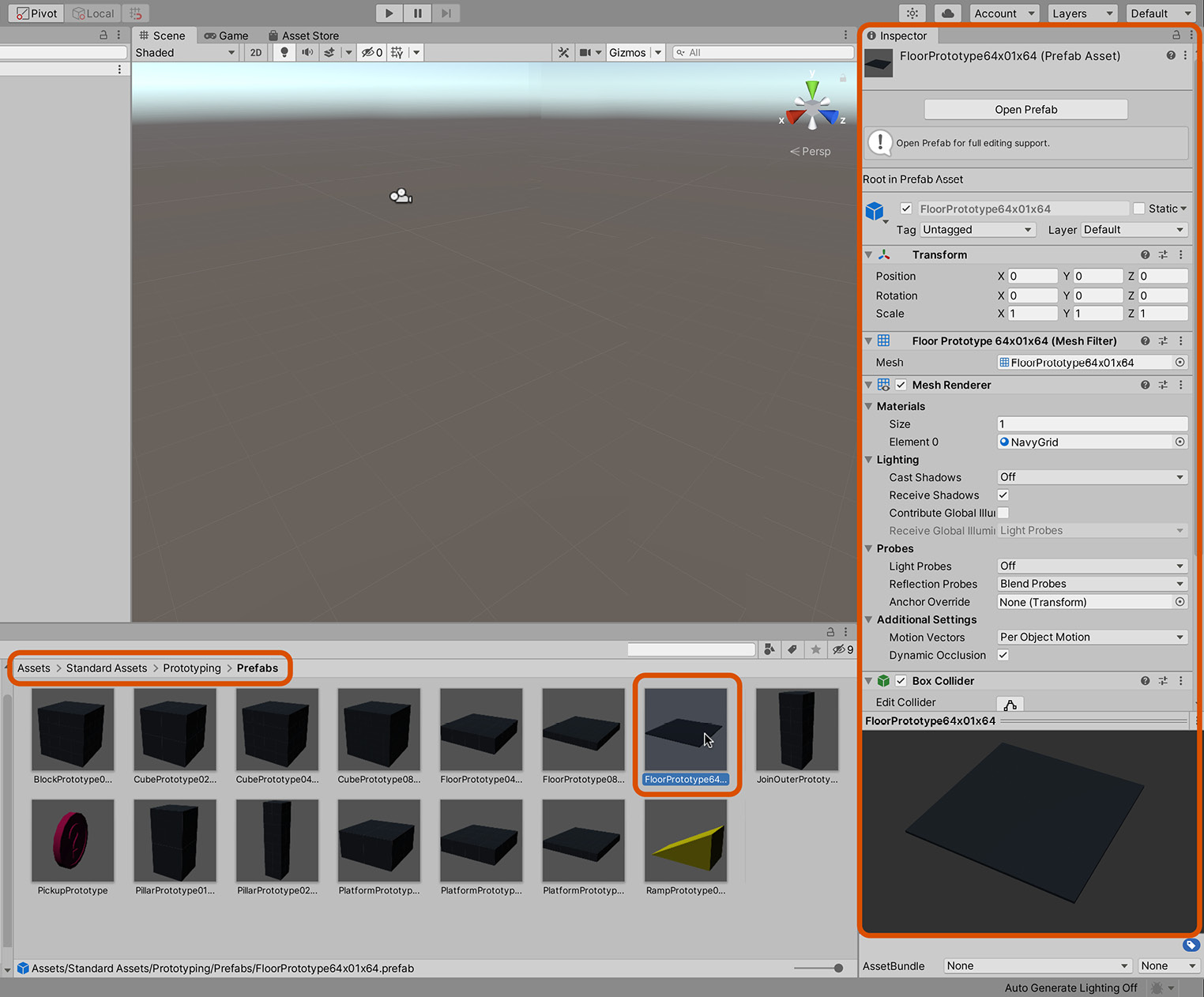 Figure 1.16 – The Standard Assets/Prototyping folder contains many meshes for quick scene building