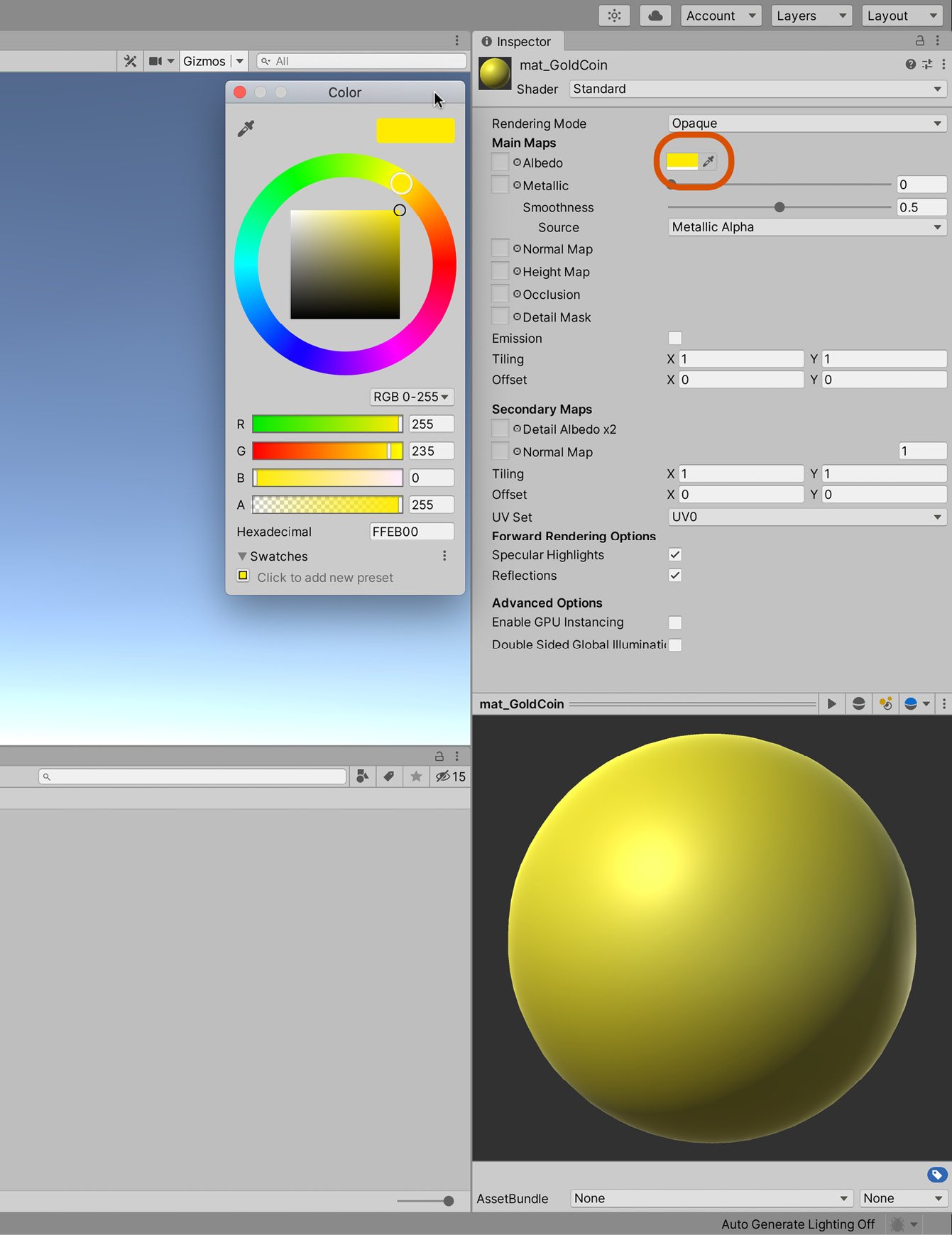 Figure 2.6 – Selecting a gold color for the Albedo channel
