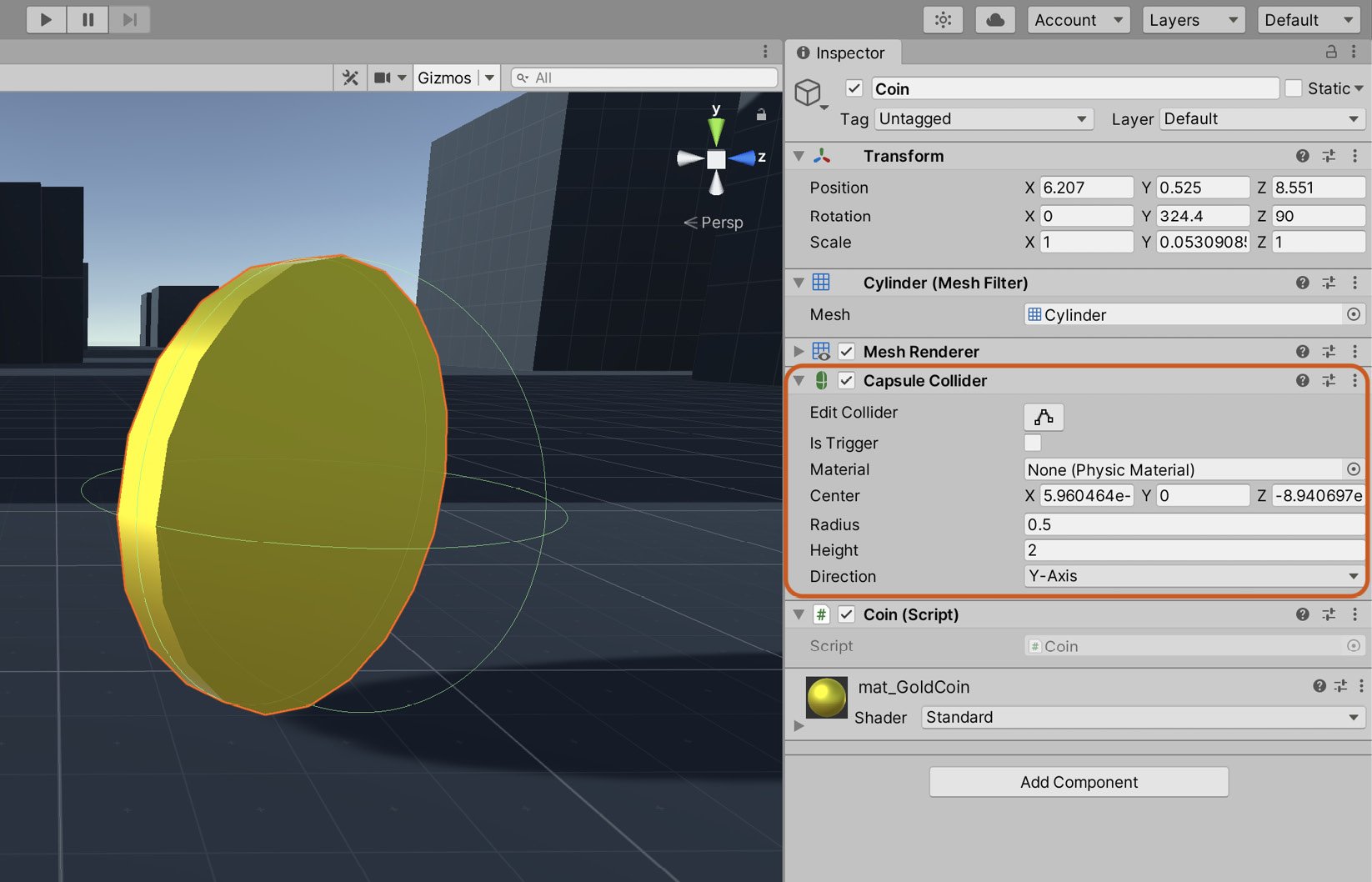 Figure 2.16 – Cylinder primitives feature a Capsule Collider component
