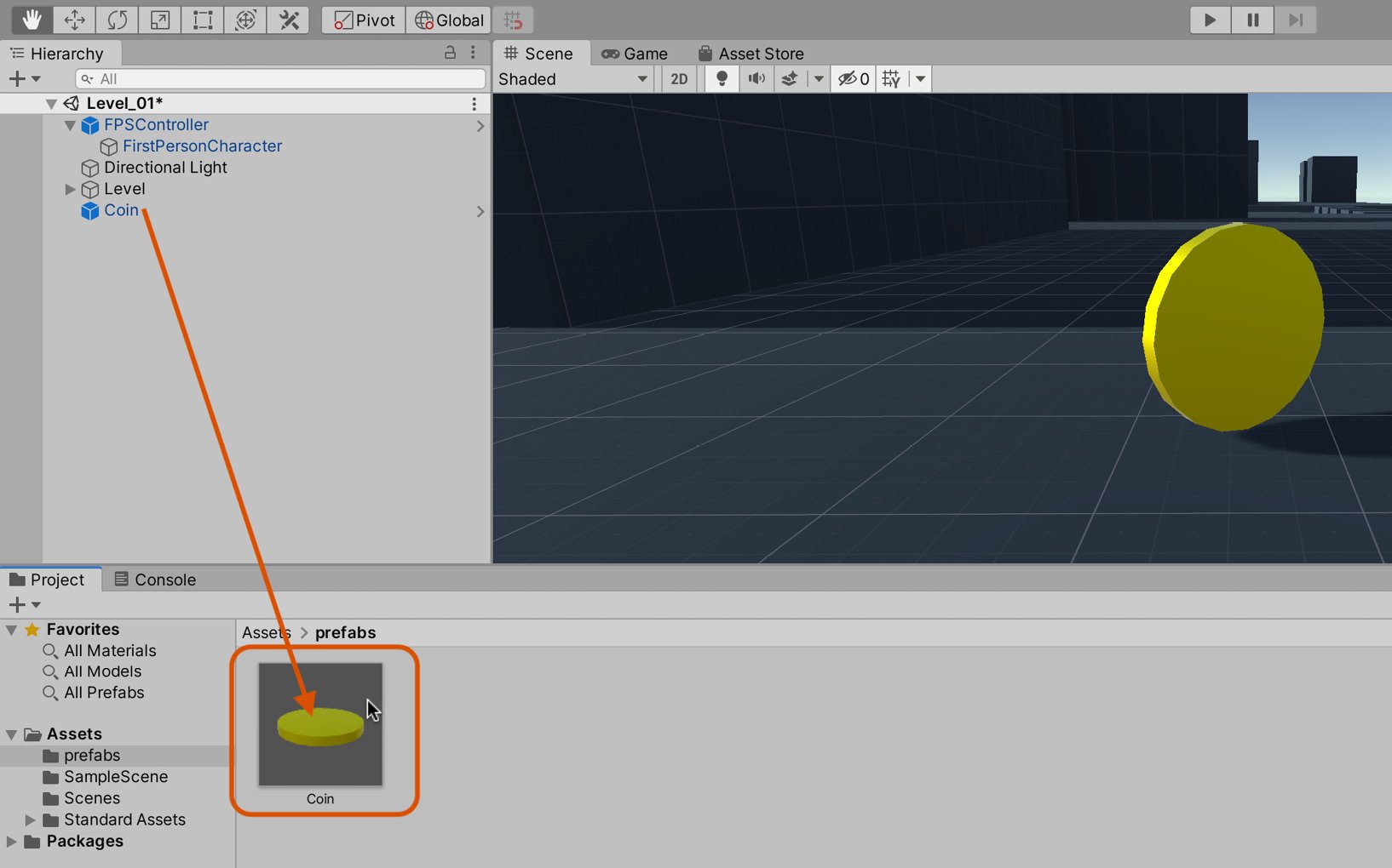 Figure 2.21 – Creating a coin prefab
