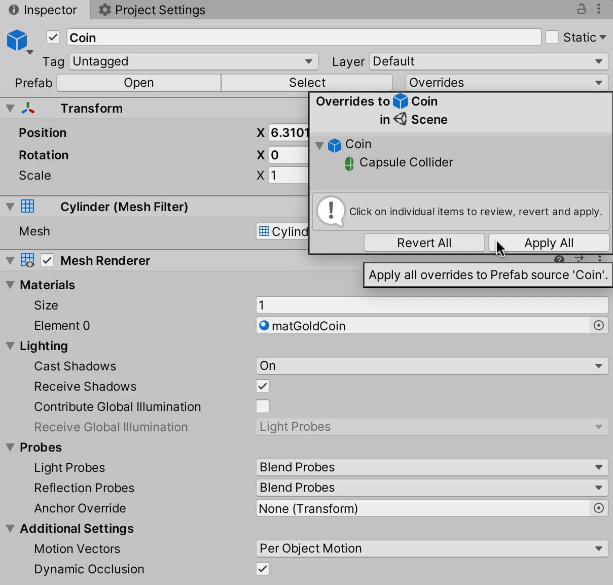 Figure 2.24 – Applying changes to the prefab
