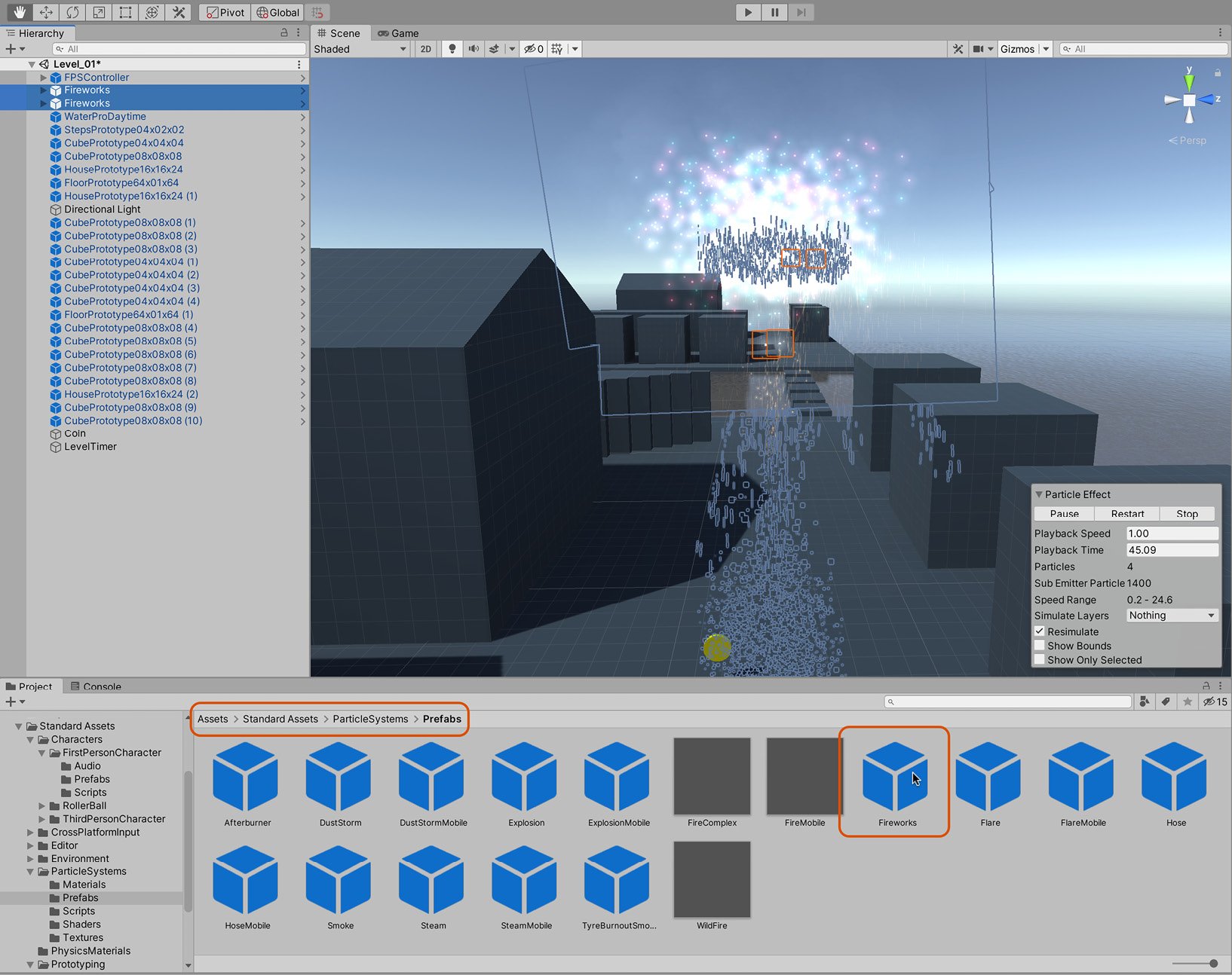 Figure 2.30 – Adding two Fireworks prefabs
