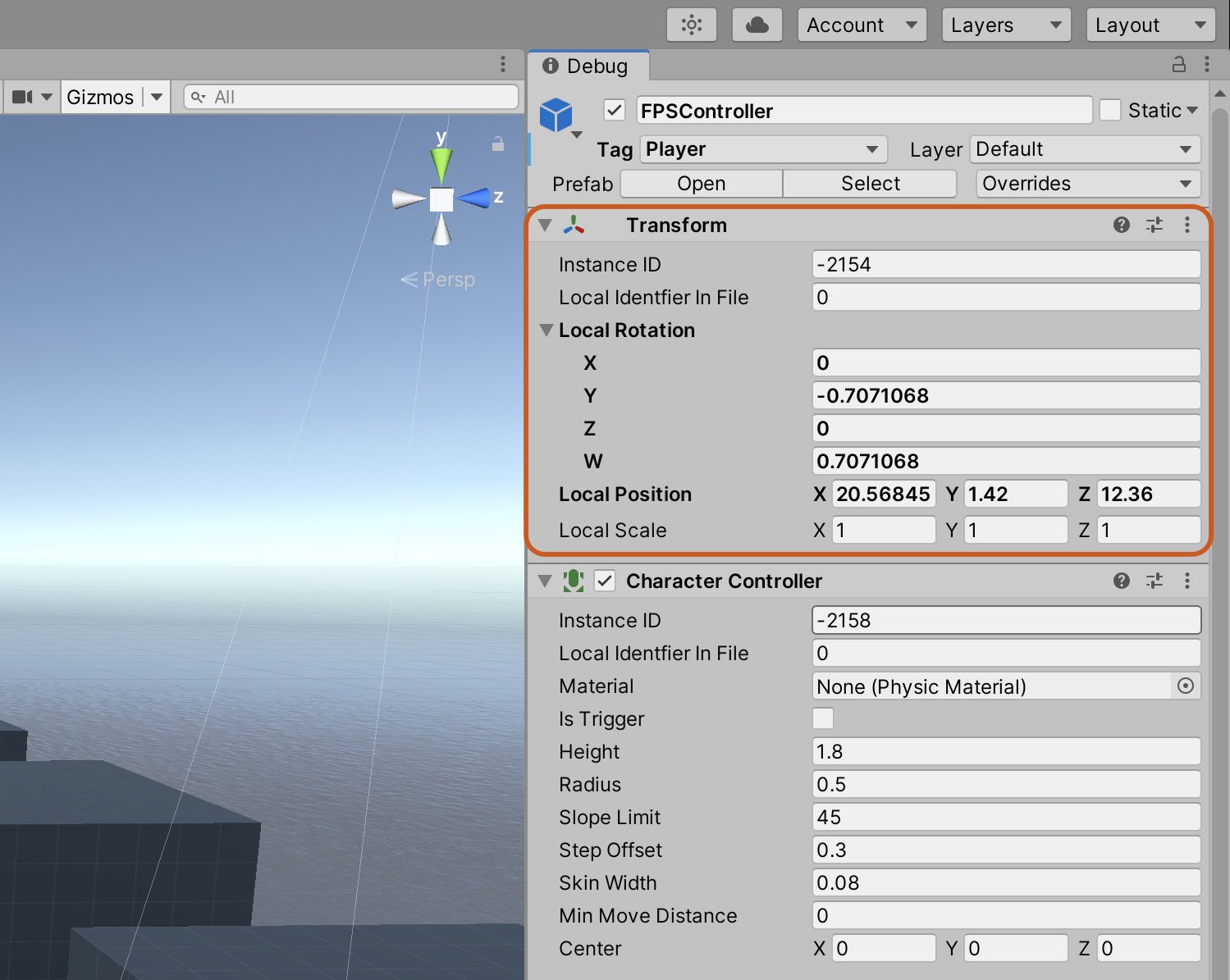 Figure 2.36 – Viewing the Transform component in Debug mode
