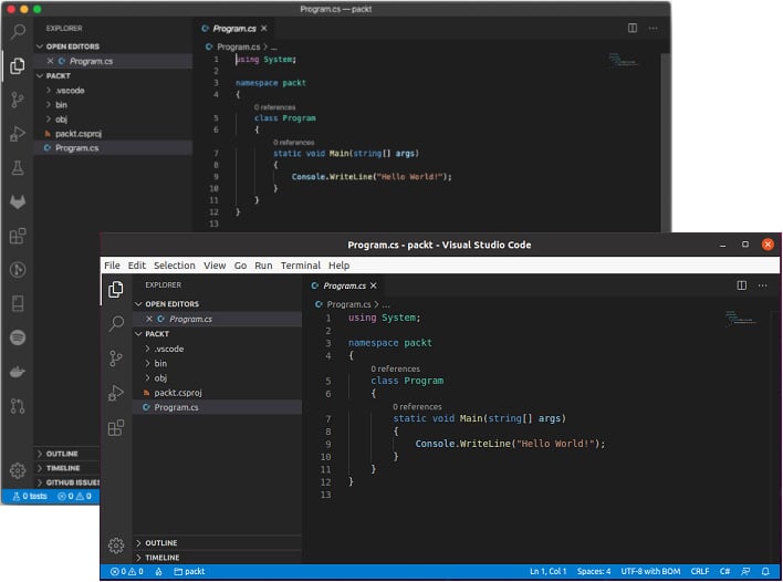 Figure 1.7 – VS Code on Mac (upper-left) and Linux (lower-right)
