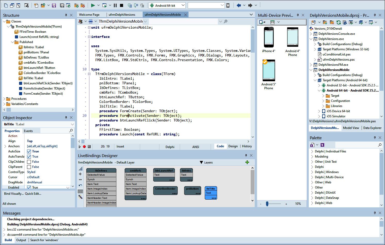 Figure 1.1 – The Delphi 10.4 Sydney IDE showing several available window panes
