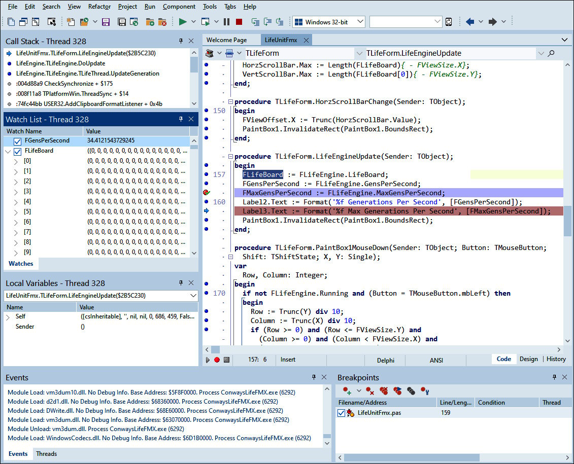 Figure 1.2 – Debugging an application in Delphi 10.4
