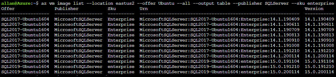 Using the Azure CLI to browse Ubuntu 16.04 images that are pre-configured with SQL Server 