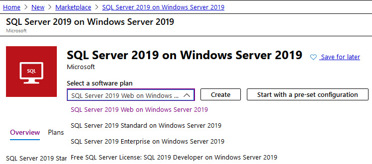 Selecting the desired SQL Server edition in Azure Marketplace