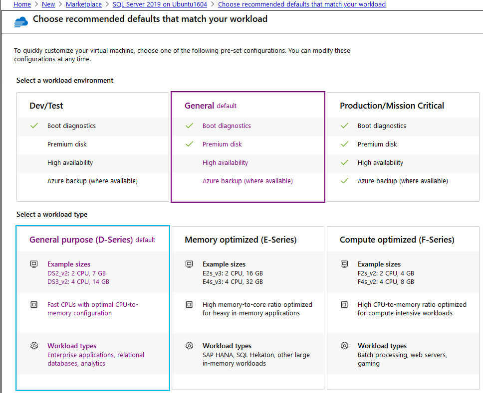 Customizing our virtual machine by choosing one of the pre-set configurations in the Azure portal