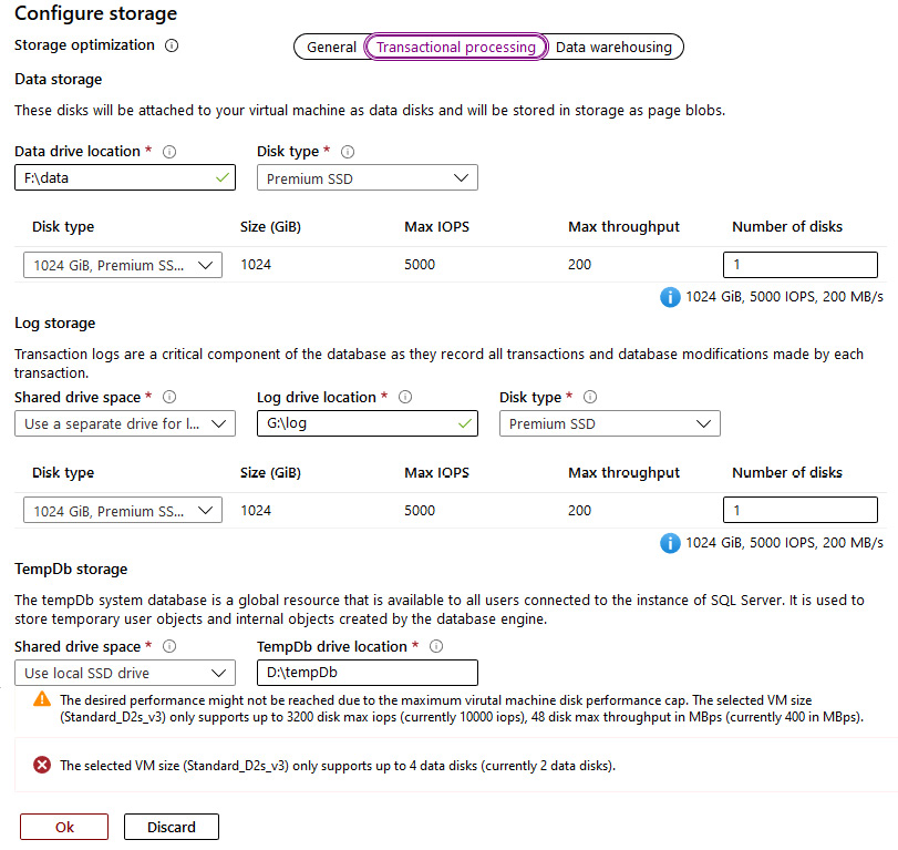 Selecting the disk configuration on the Configure storage blade in the Azure portal