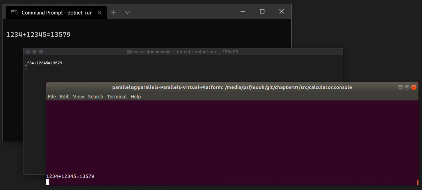 Figure 1.8 – The .NET console calculator on multiple platforms
