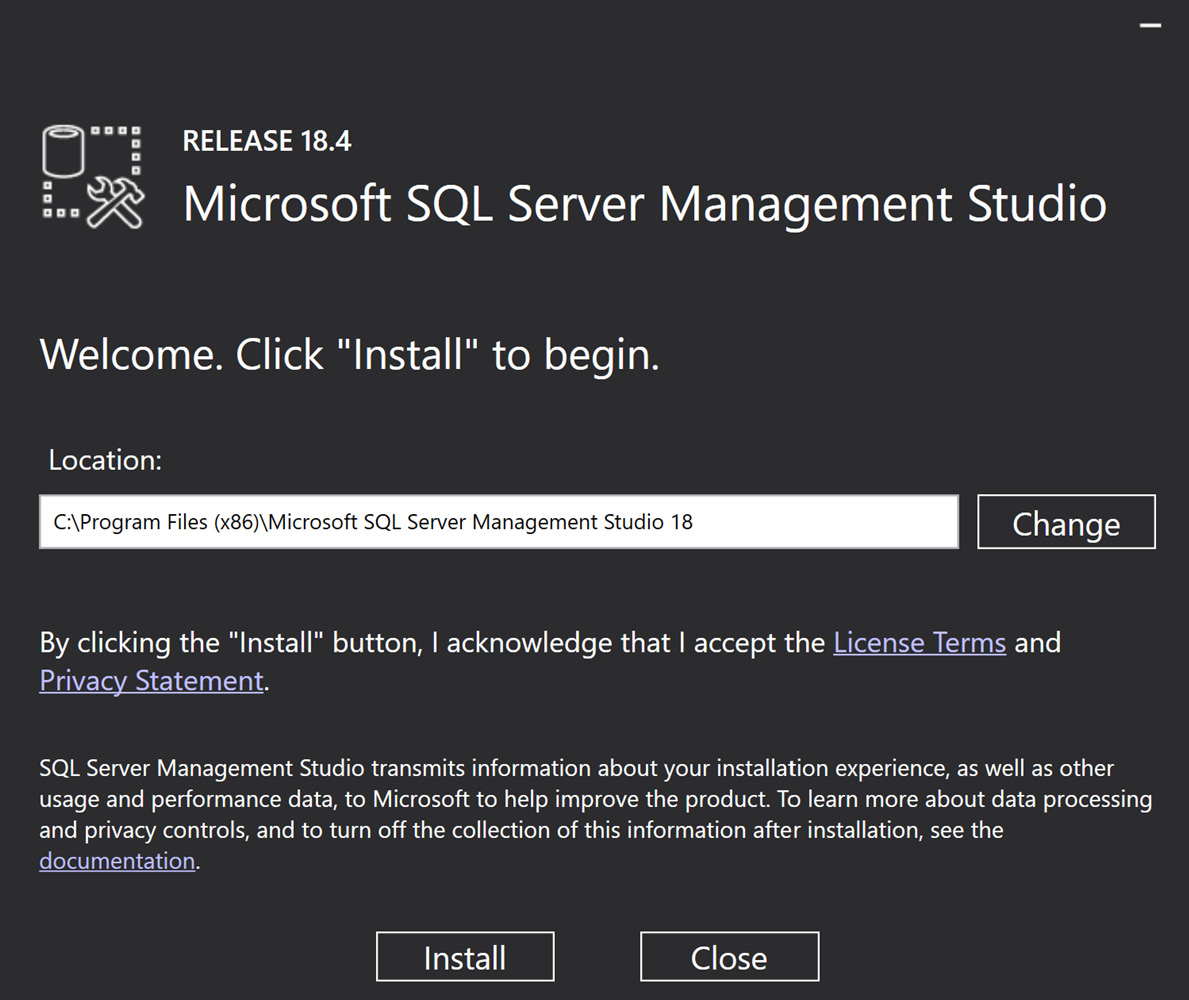 Figure 1.24 – Installation screen for SQL Server Management Studio – release 18.4
