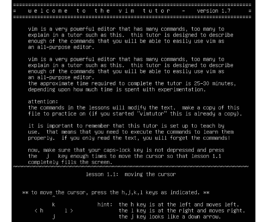 Figure 2.9 – Our Vimtutor file, with all lowercase characters
