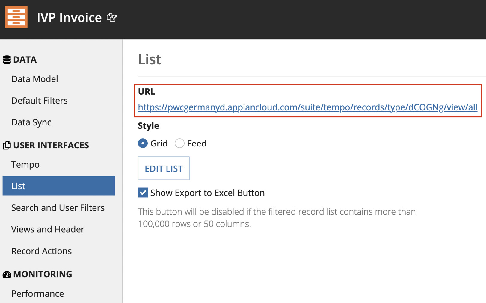 Figure 10.24 – The invoice record List tab showing the record URL