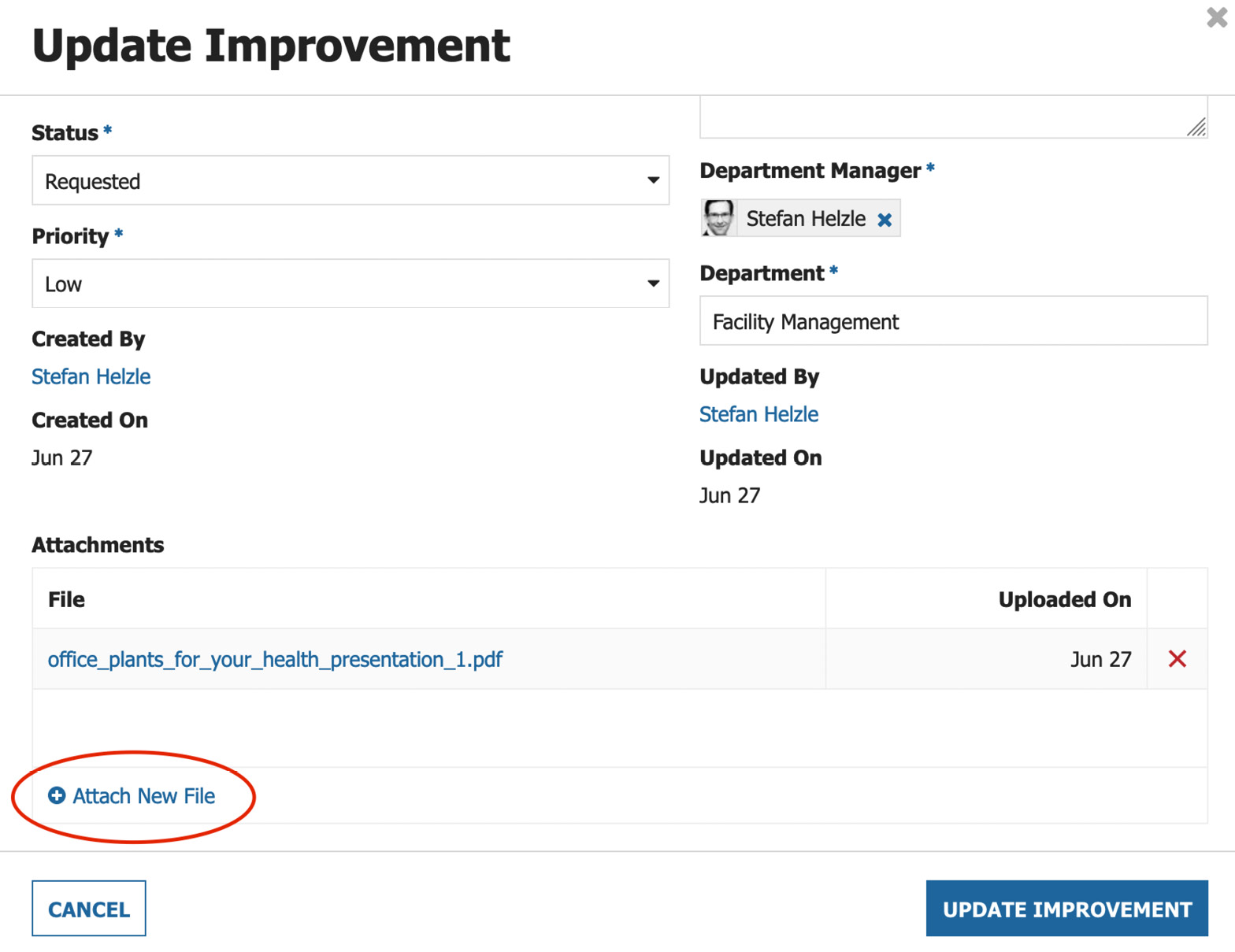 Figure 2.11 – Update Improvement screen when adding a document