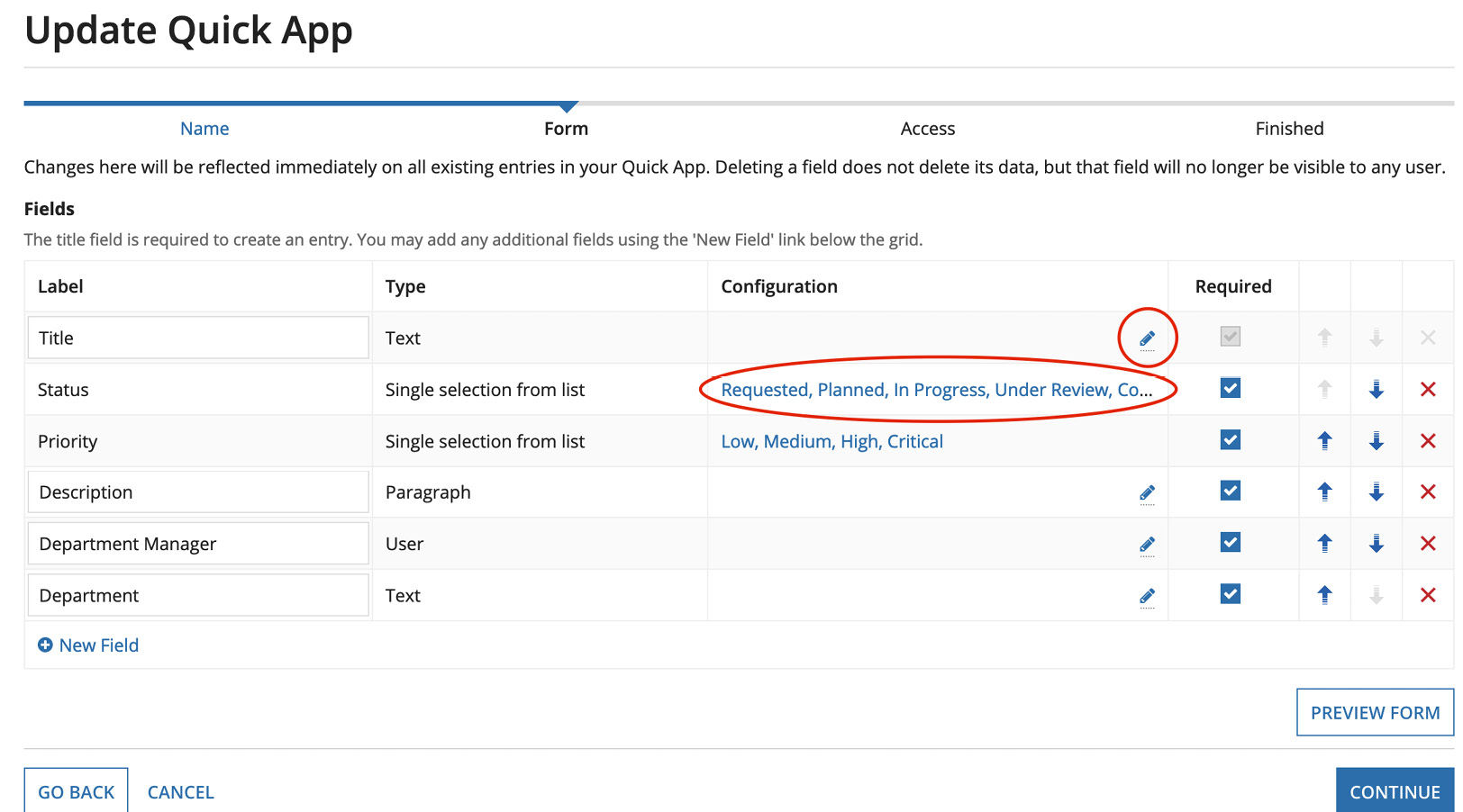 Figure 2.14 – Form step with pencil icon and list selections