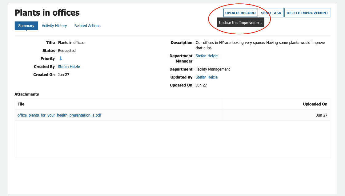 Figure 2.1 – Record item summary and UPDATE RECORD button