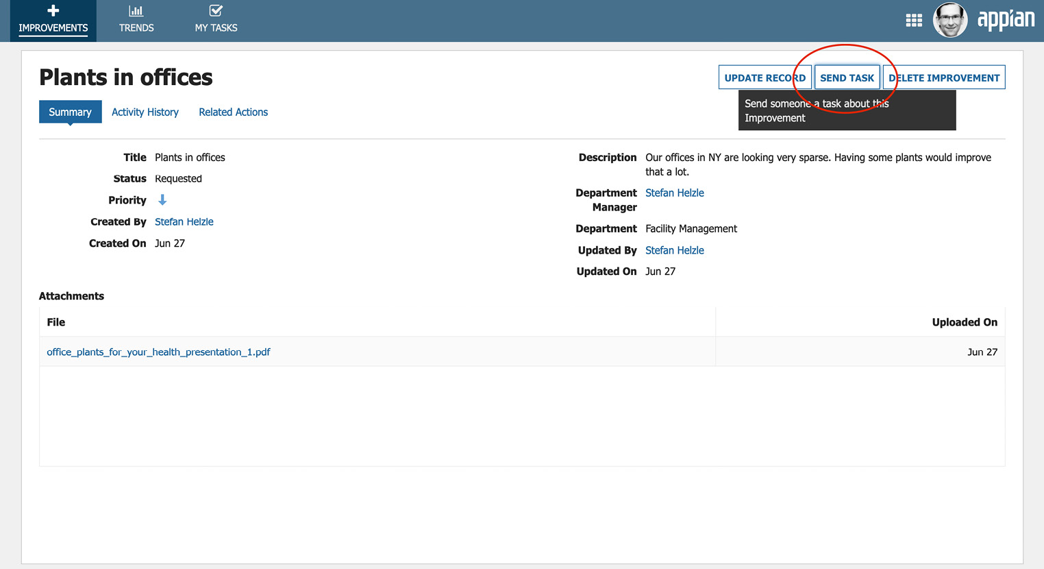 Figure 2.3 – Record item summary and SEND TASK button