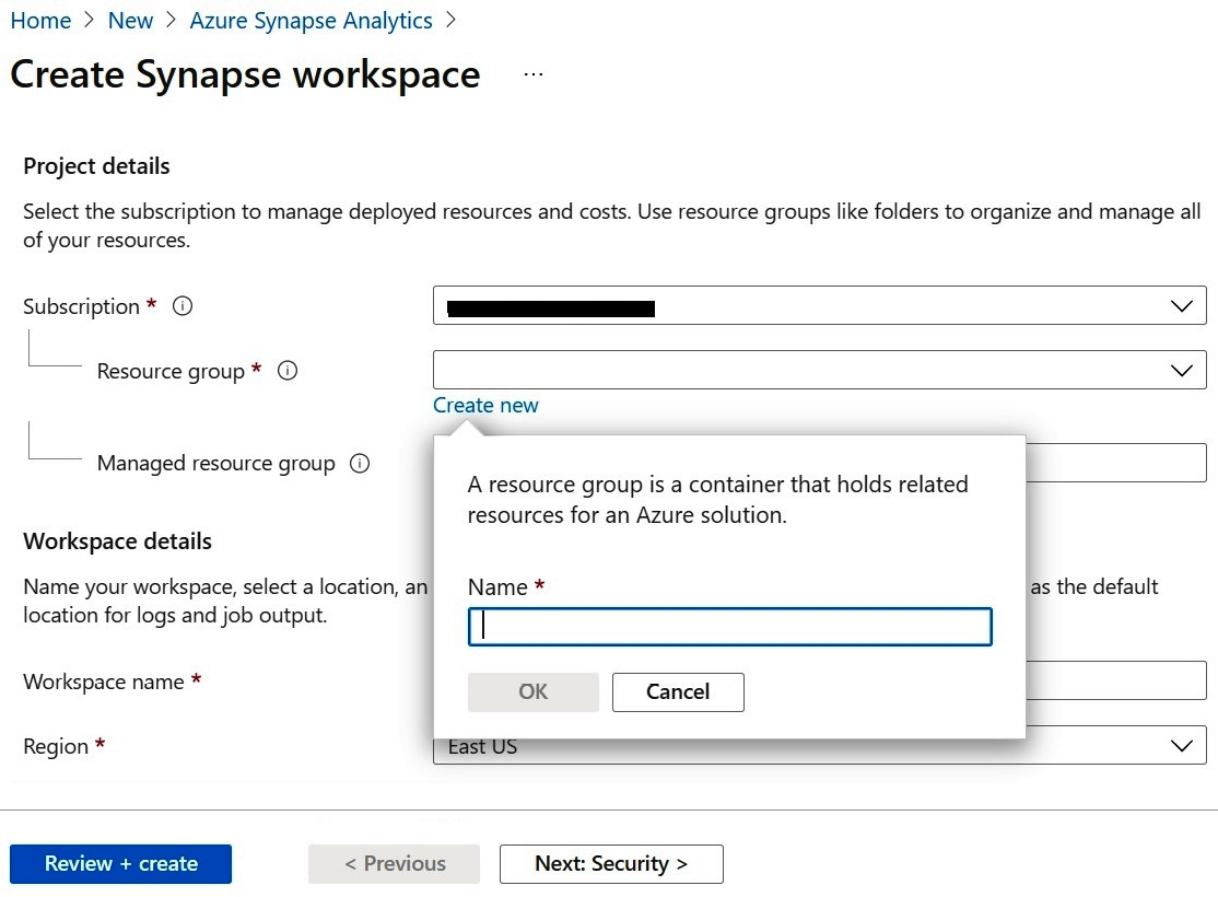 Figure 1.4 – A screenshot highlighting the field to provide a Resource group name