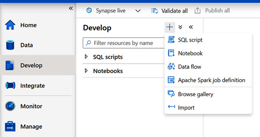 Figure 1.16 – A screenshot of the Develop hub on Synapse Studio