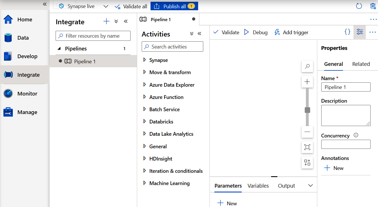 Figure 1.17 – Creating a pipeline in the Integrate hub of Synapse Studio