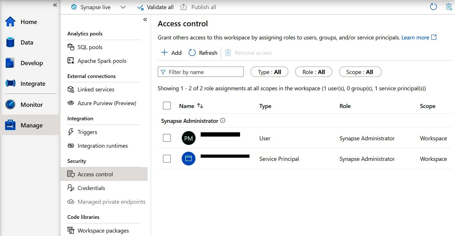 Figure 1.19 – A screenshot of the Manage hub on Synapse Studio