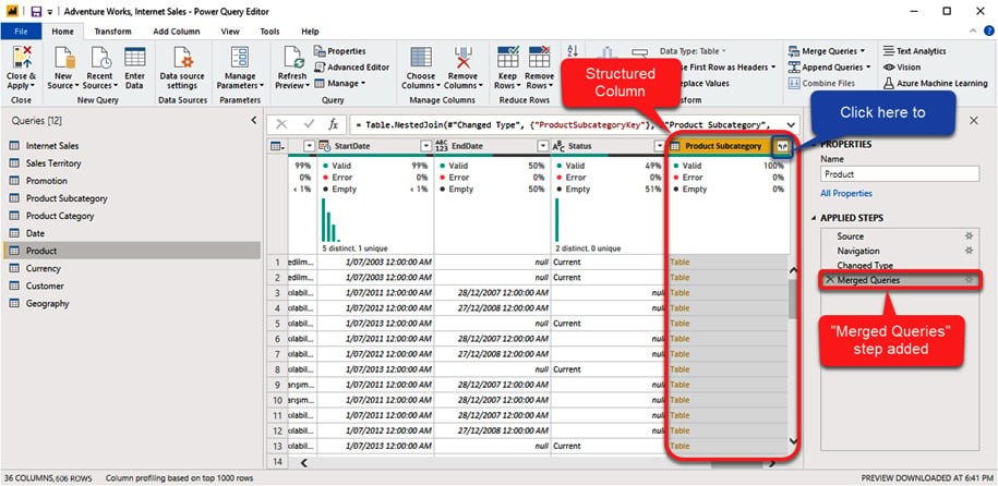 Figure 1.12 – Merging the Product and Product Subcategory tables
