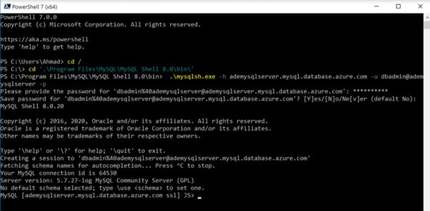 Figure 2.8 – Connecting to the Azure MySQL server
