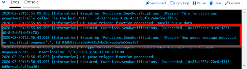 Invoking the queue trigger by running theRegisterUser function