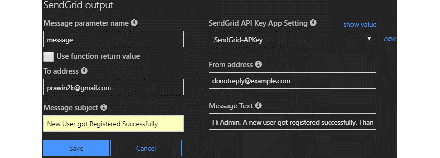 Adding various details in the SendGrid output (message) binding