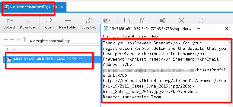 Displaying the log file created in the container named userregistrationemaillogs