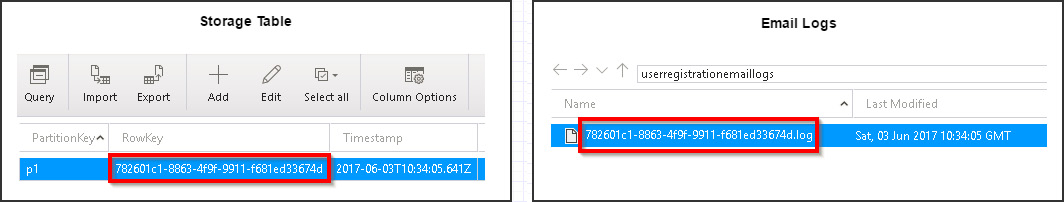 Email log file created using RowKey stored in Azure Table storage