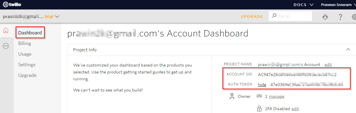 Copying ACCOUNT SID and AUTH TOKEN from the Twilio dashboard