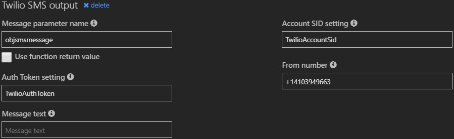Adding various parameters in the Twilio SMS output pane