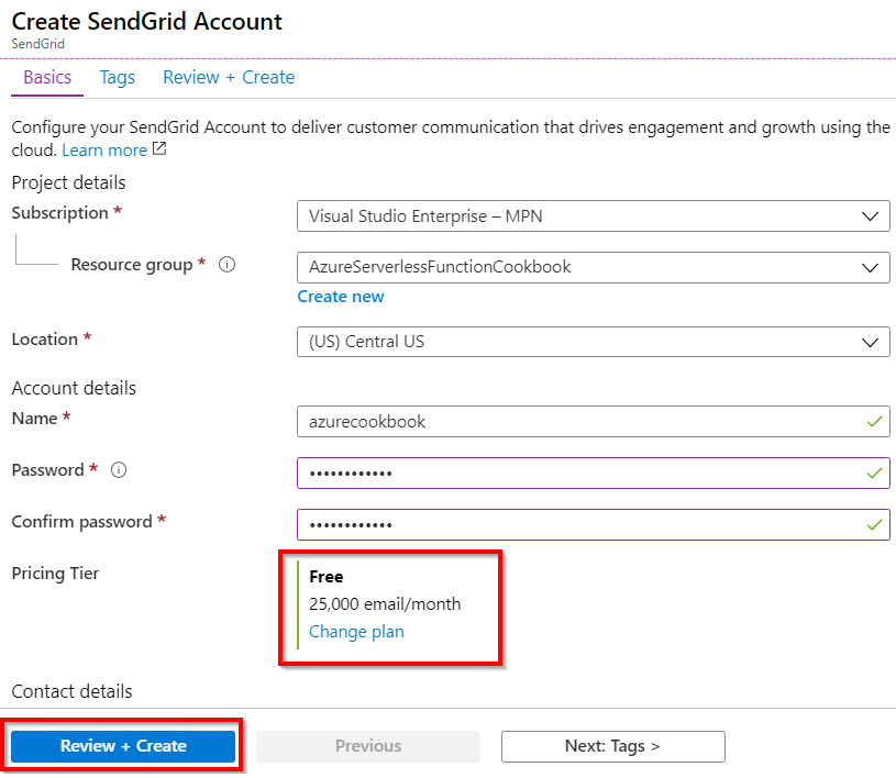 Creating a SendGrid email delivery account by clicking on the Review+Create button