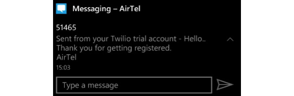 SMS received from the Twilio account