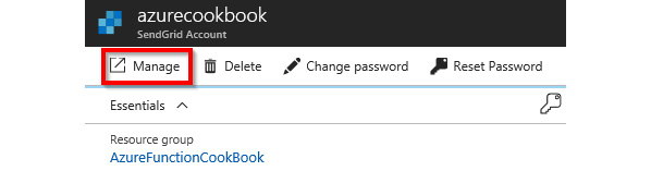 Clicking on the Manage button in the Essentials pane of the SendGrid account