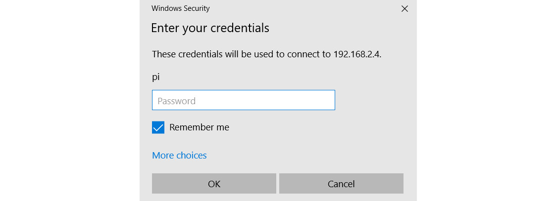 Figure 2.7 – Credentials for the Raspbian OS for Remote Desktop Connection
