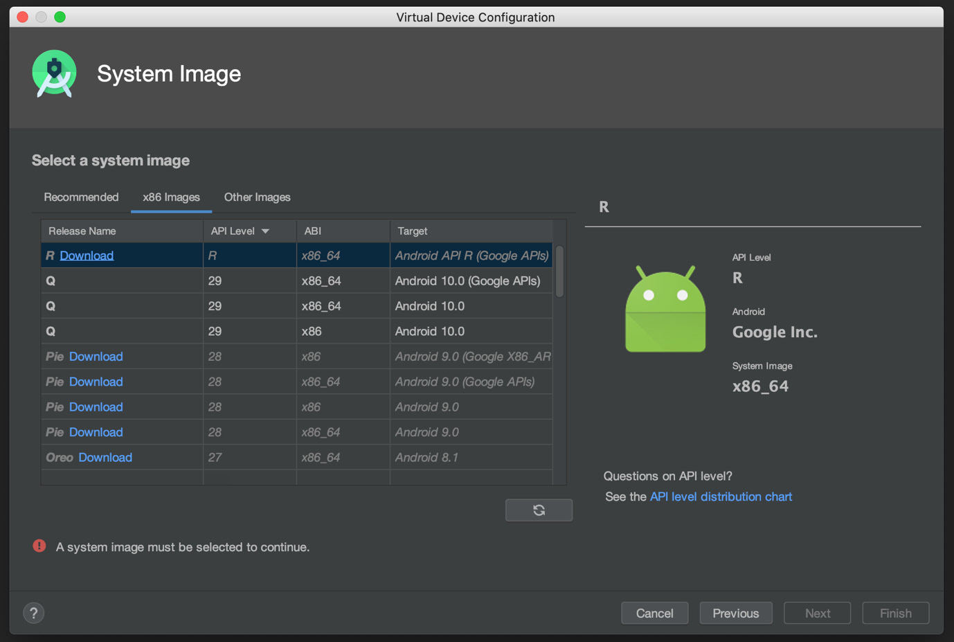 Figure 1.15 – Virtual Device Configuration: Selecting an x86_64 system image
