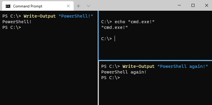 Figure 1.3 – The new Windows Terminal with multiple shells open in a single tab
