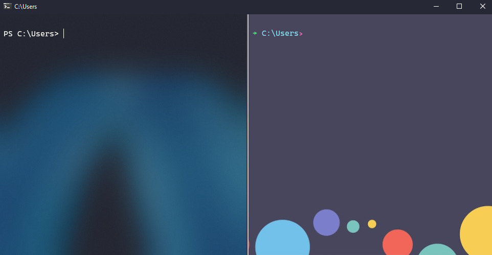 Figure 1.4 – Left pane: PowerShell with the acrylic transparency effect. Right pane: cmd with a background image
