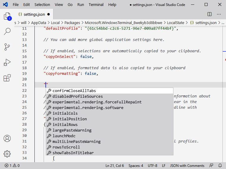 Figure 1.9 – Editing settings.json in Visual Studio Code, with autocompletion of available settings
