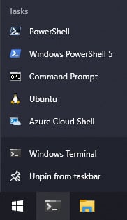 Figure 1.14 – The Windows 10 Jump List for the Windows Terminal
