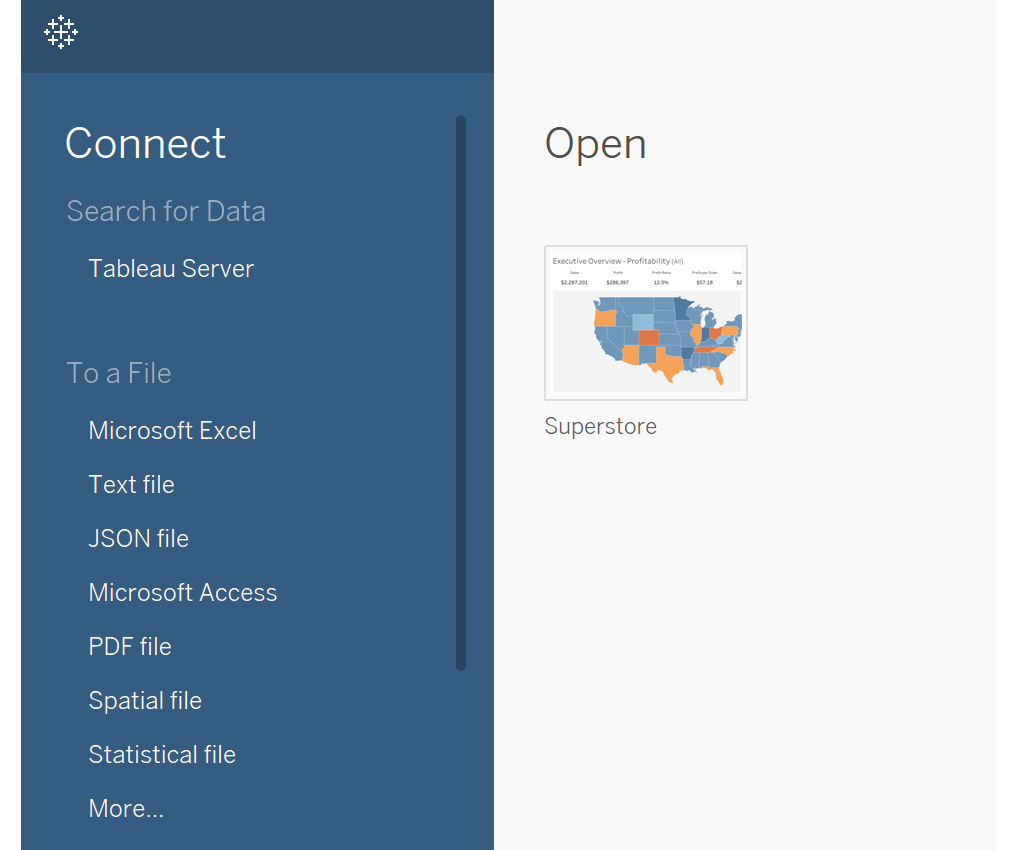 Figure 2.1: Start screen on launching Tableau Desktop
