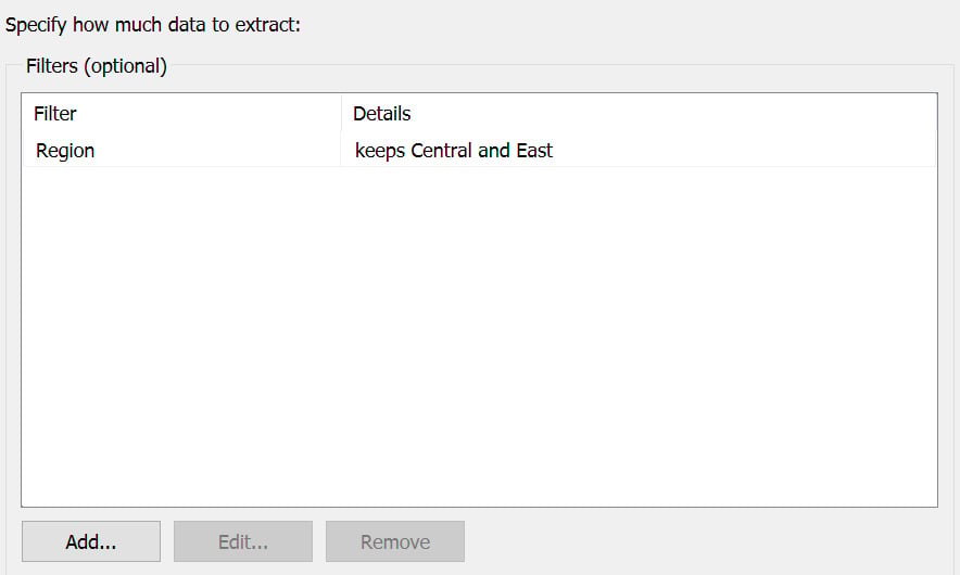 Figure 2.46: Creating extract filters using the Region column
